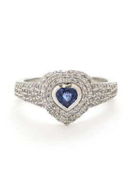 Heart Blue Sapphire 14K White Gold (18K Custom) Diamond Halo Ring